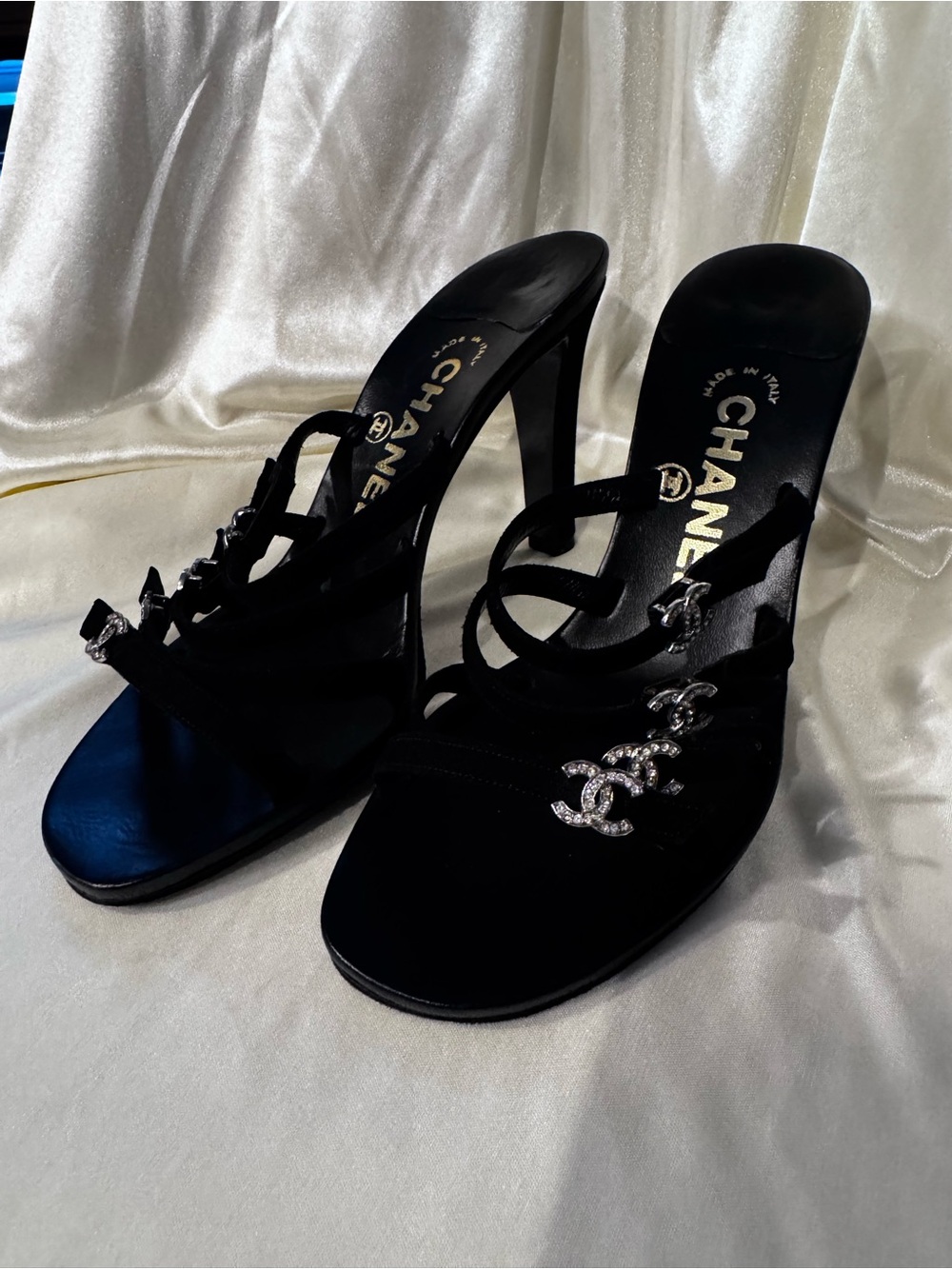 CHANEL y2k Black Crystal CC Logo Strappy Mules